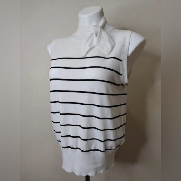 Laundry by Shelli Segal Striped Sleeveless Tie Neck Sweater Top Medium - Picture 2 of 12